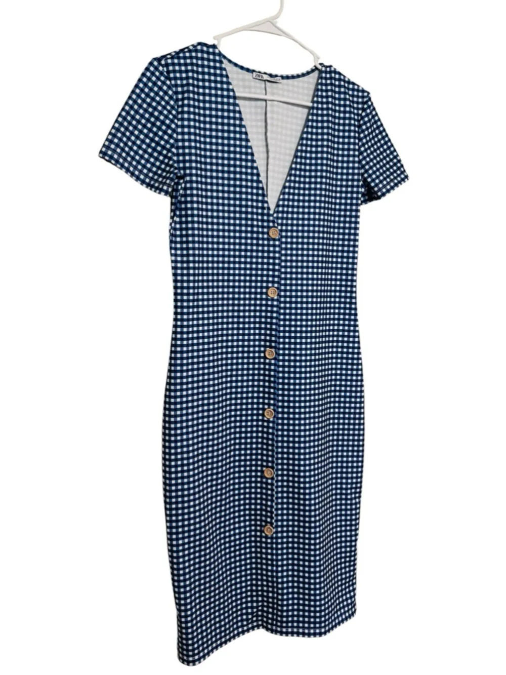 Zara Gingham Checked Dress Womens Medium Blue White Midi Stretch Summer Vacation - Picture 2 of 7